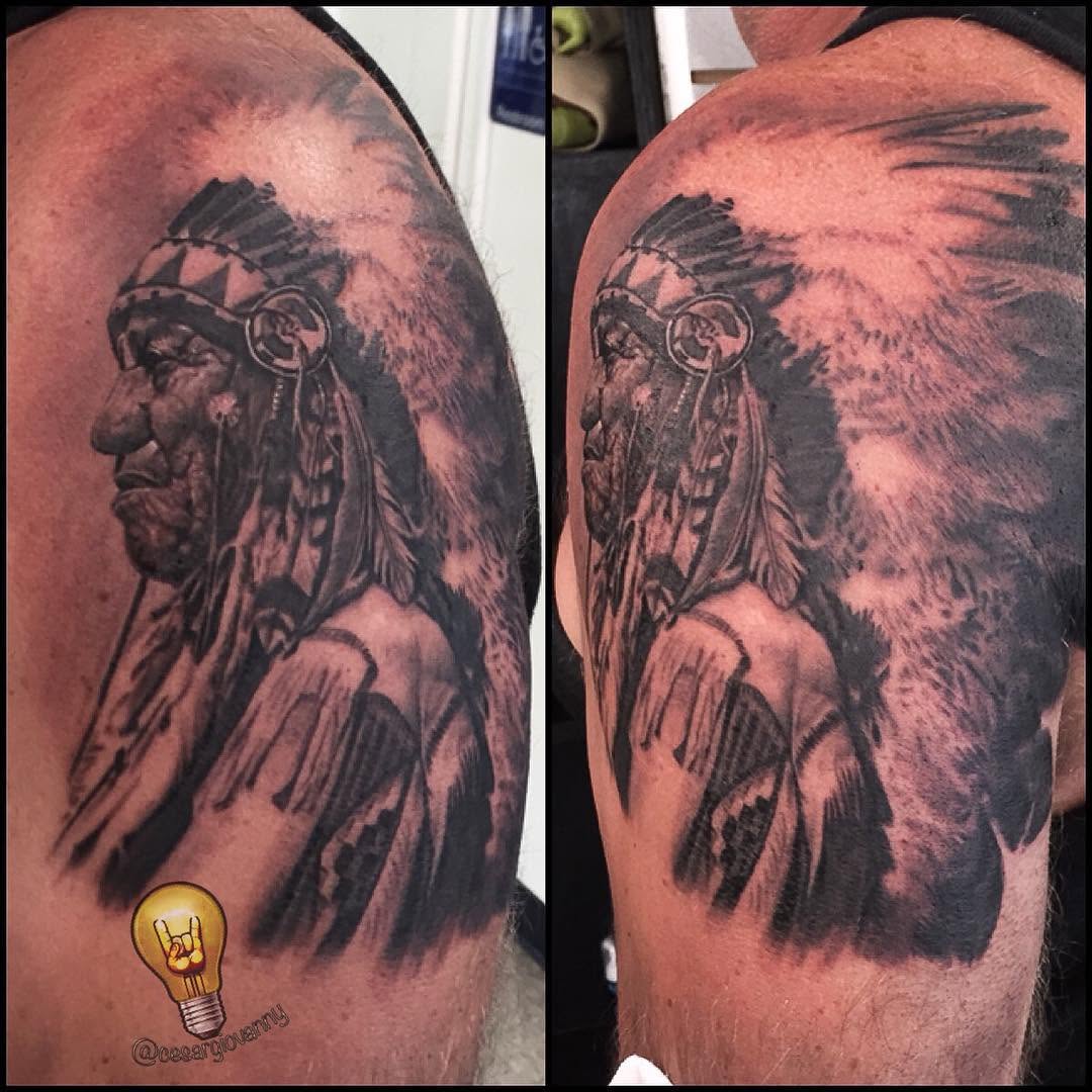 Black-and-grey Native chief portrait, bicep