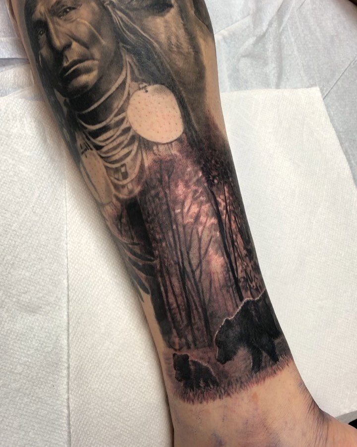 Native American & bear forest sleeve, forearm