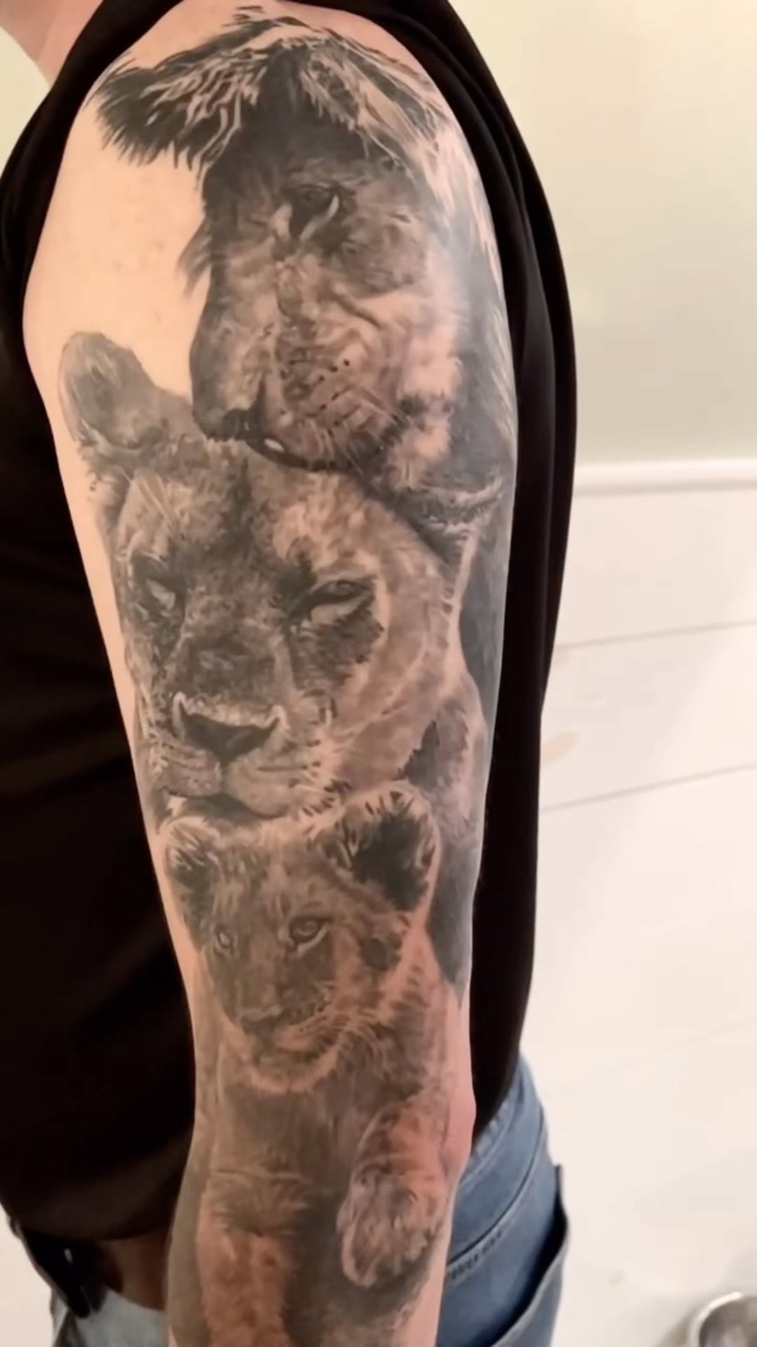 Black-and-grey lion family half-sleeve, in progress