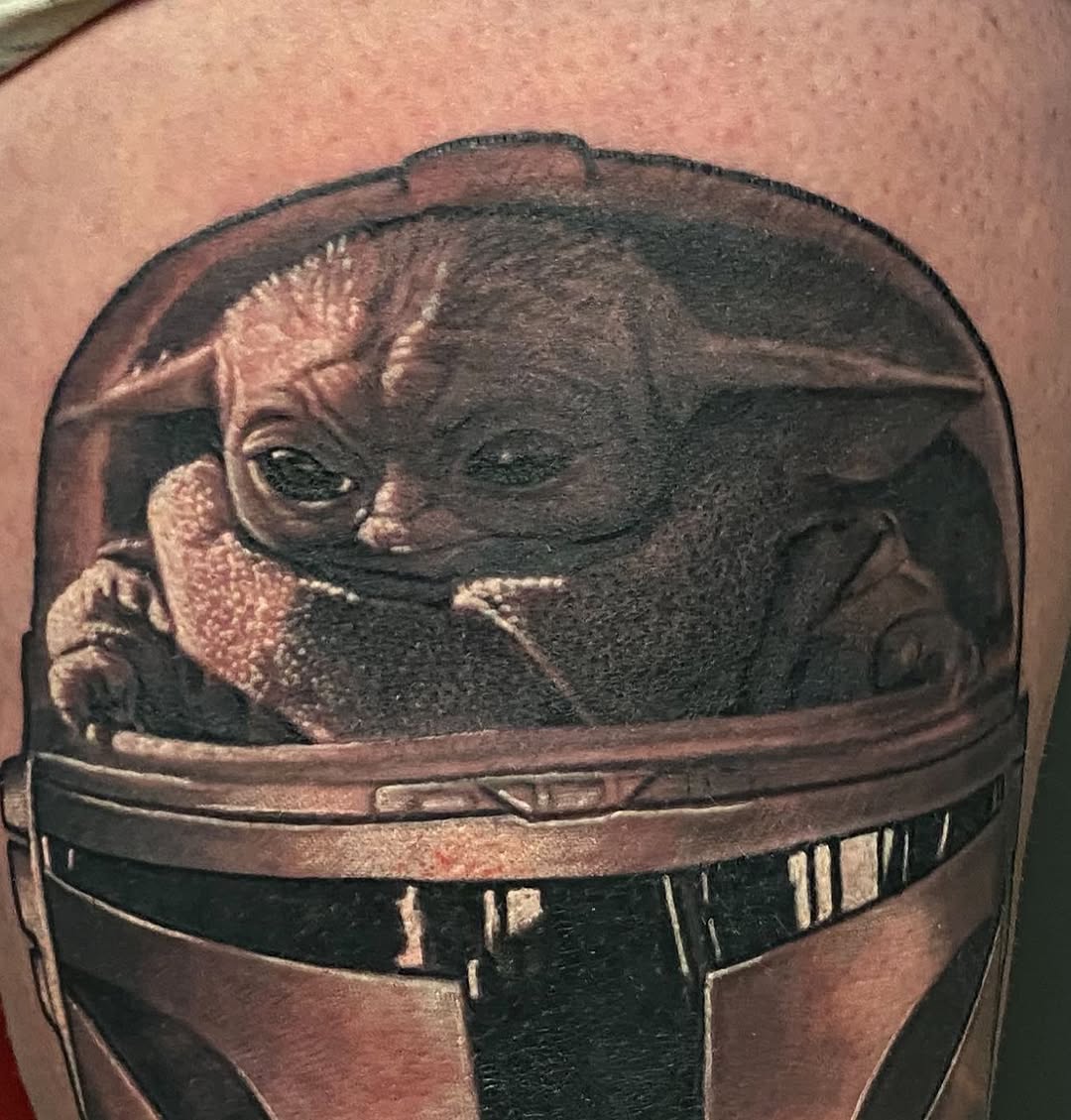 Baby Yoda in Mandalorian helmet, black-and-grey