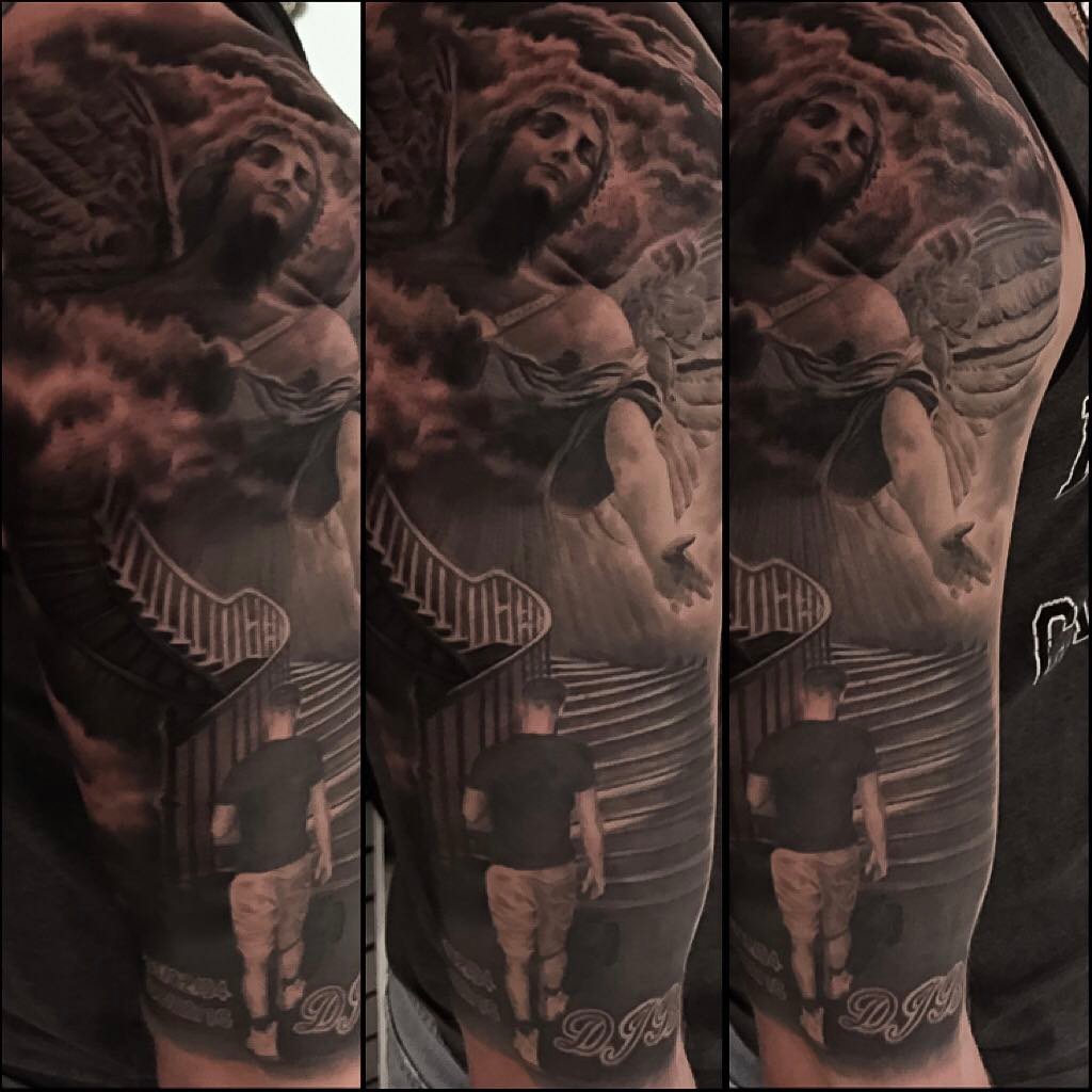 Black-and-grey angel and stairway sleeve