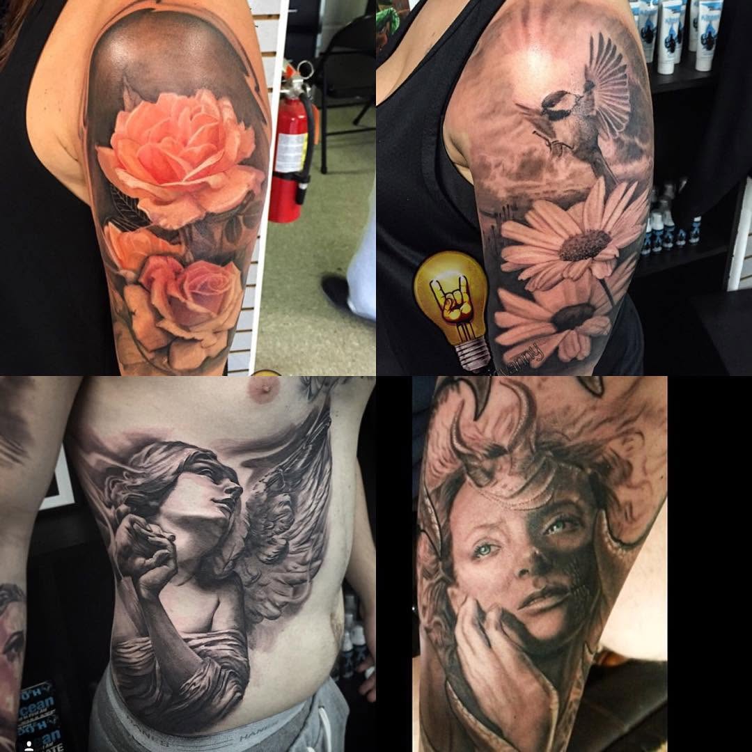 Realism tattoo collage: roses, angel, portrait