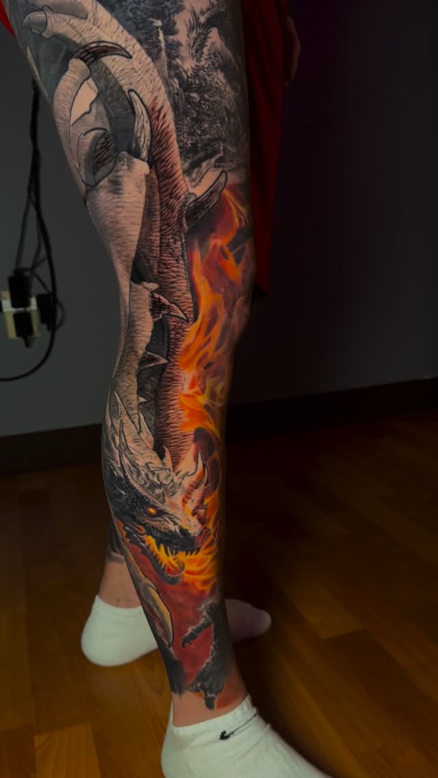 Dragon and slayers fantasy leg sleeve in progress