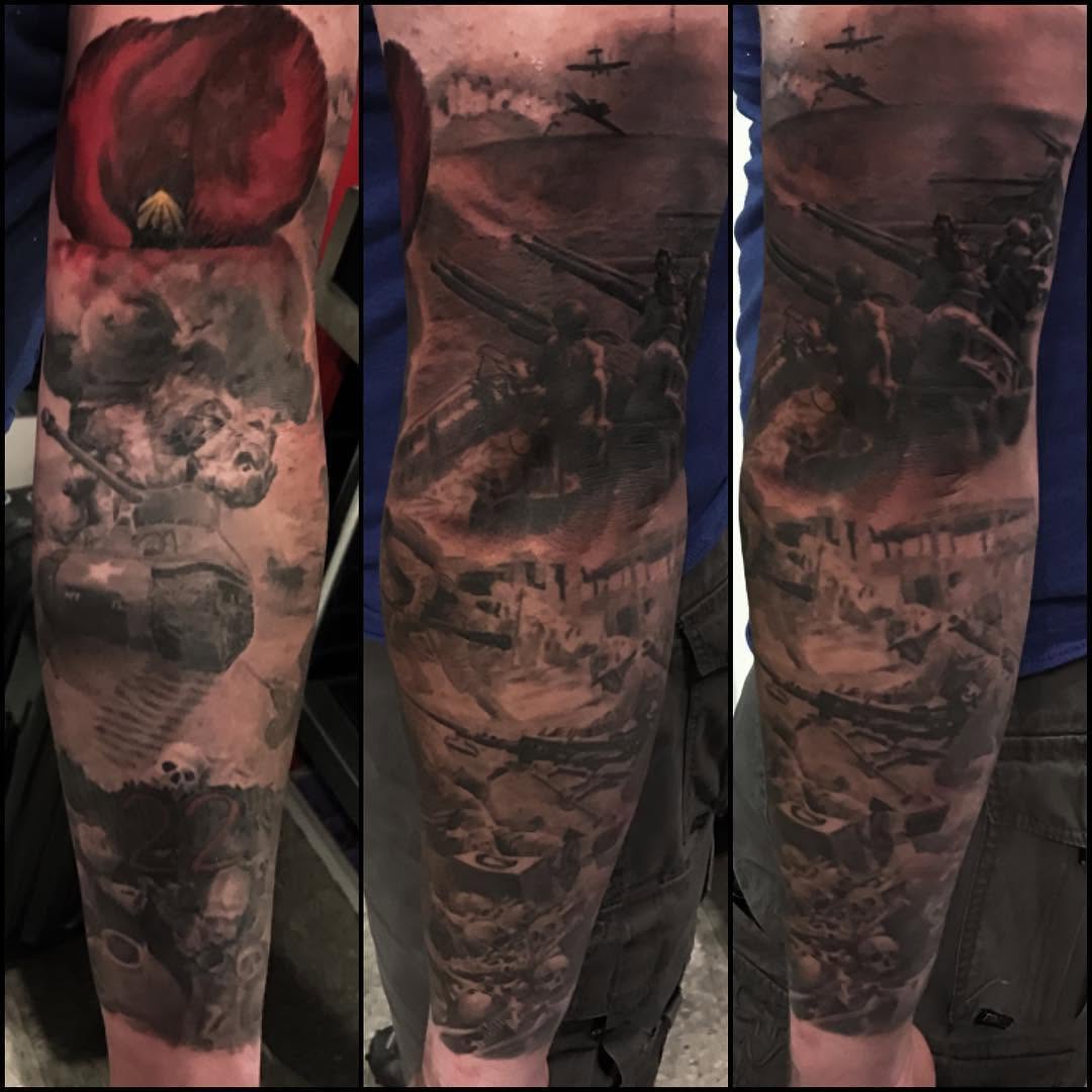 WWII black-and-grey realism sleeve, in progress