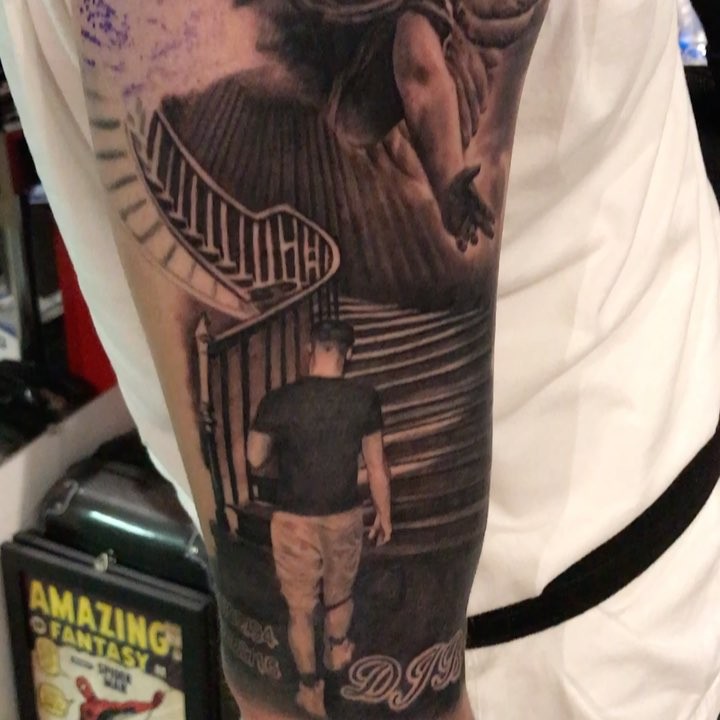 Black-and-grey memorial sleeve, stairway to heaven