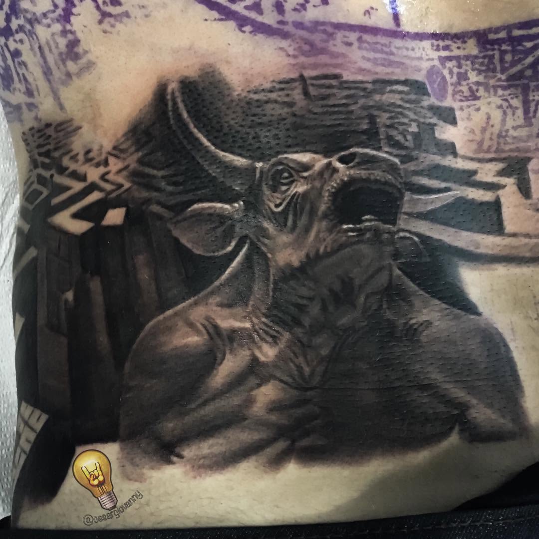 Black-and-grey minotaur tattoo, back piece