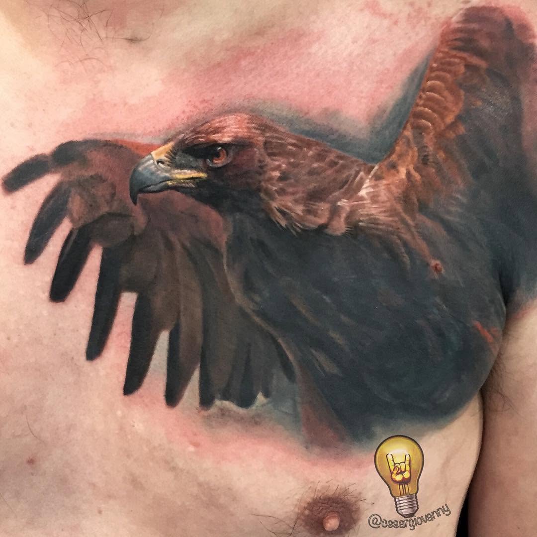 Realistic golden eagle chest tattoo in color