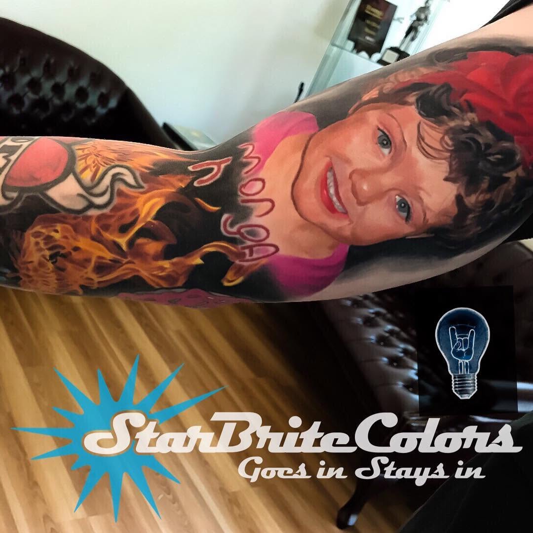 Color portrait sleeve with flames, arm