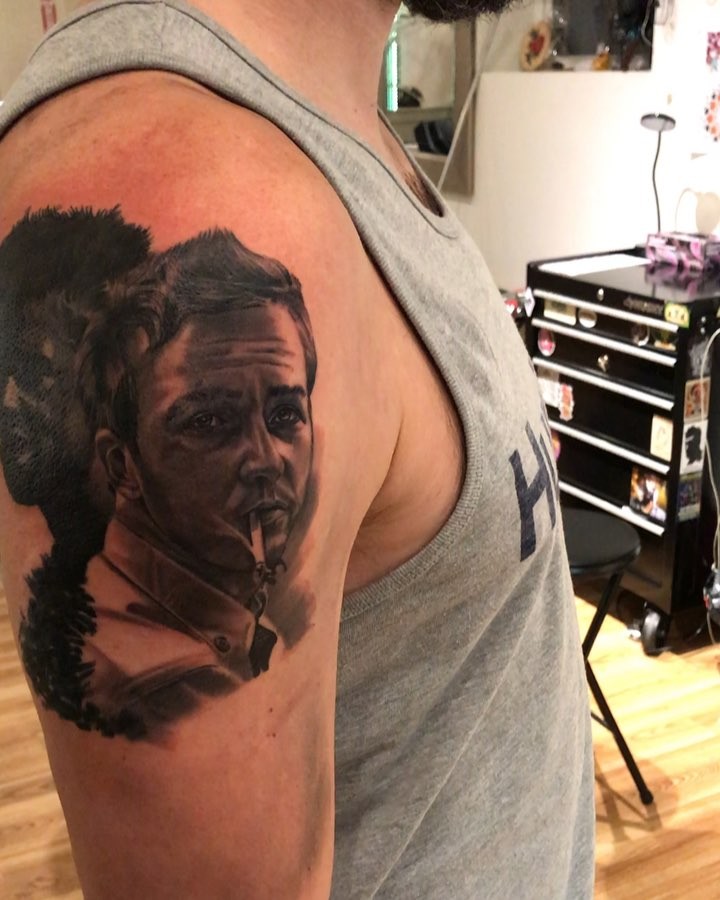 Fight Club portrait tattoo, bicep