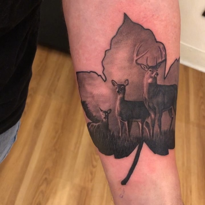 Black-and-grey deer family in leaf, forearm