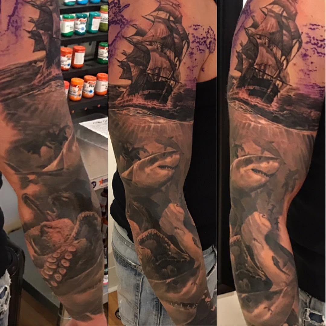 Black-and-grey nautical sleeve with ship and shark