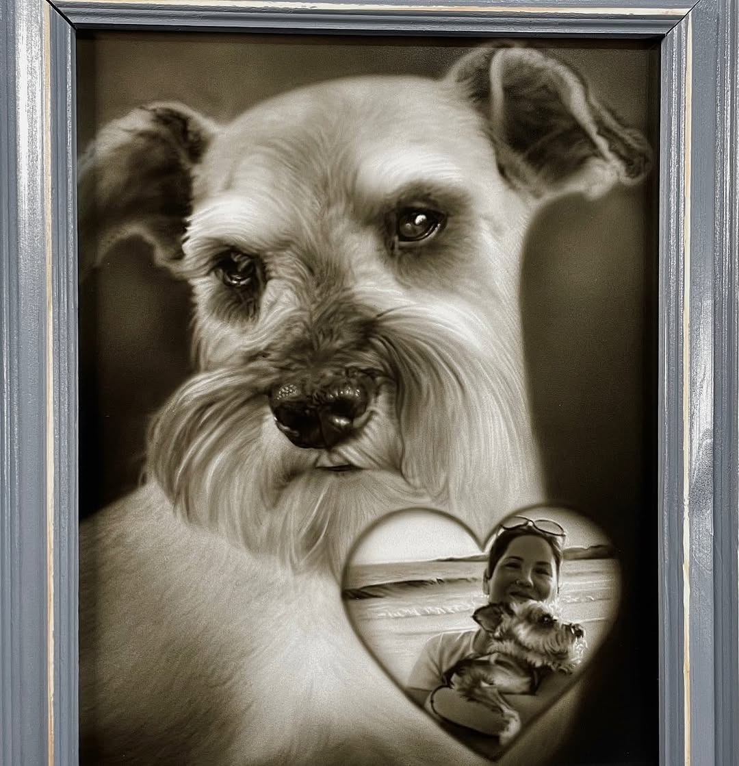 Black-and-grey airbrush dog portrait of Buddy