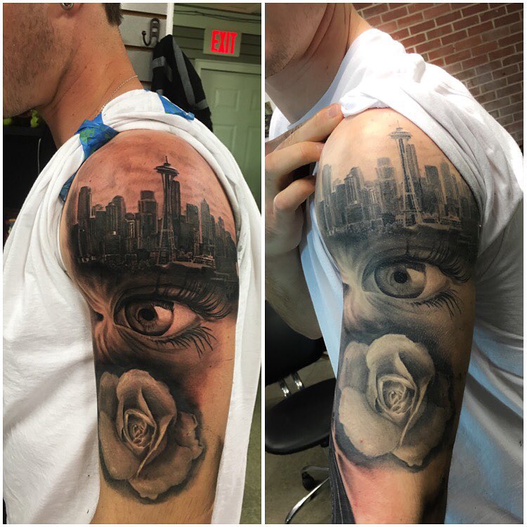 Black-and-grey Seattle skyline, eye & rose, bicep