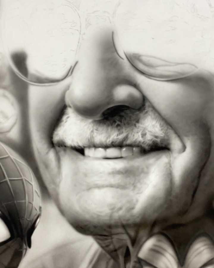 Stan Lee airbrush portrait in progress