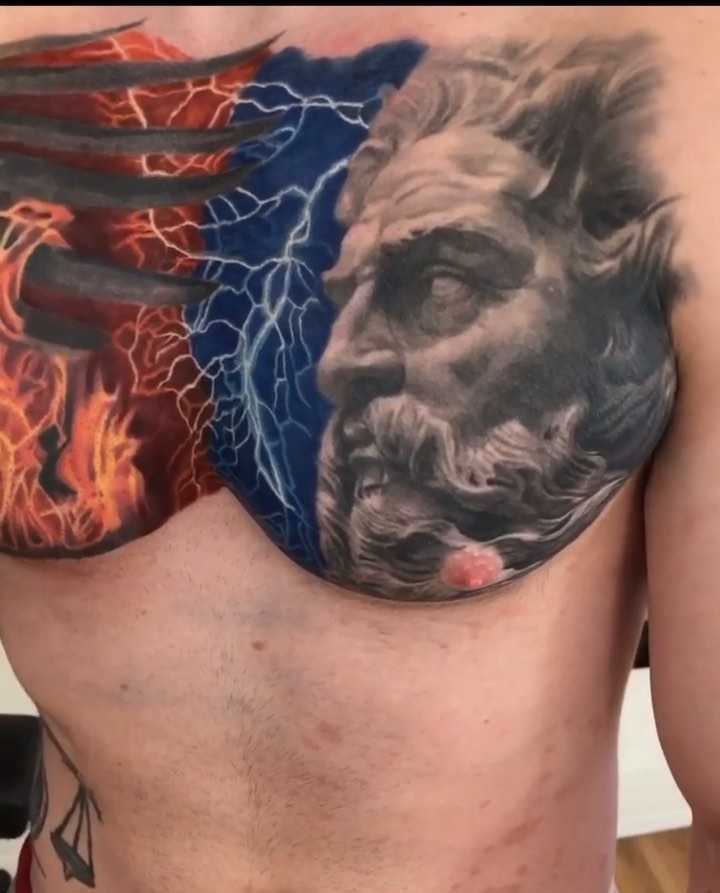 Zeus portrait & phoenix chest tattoo in color