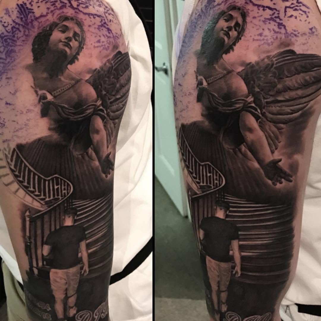 Angel half sleeve with stairway, black-and-grey
