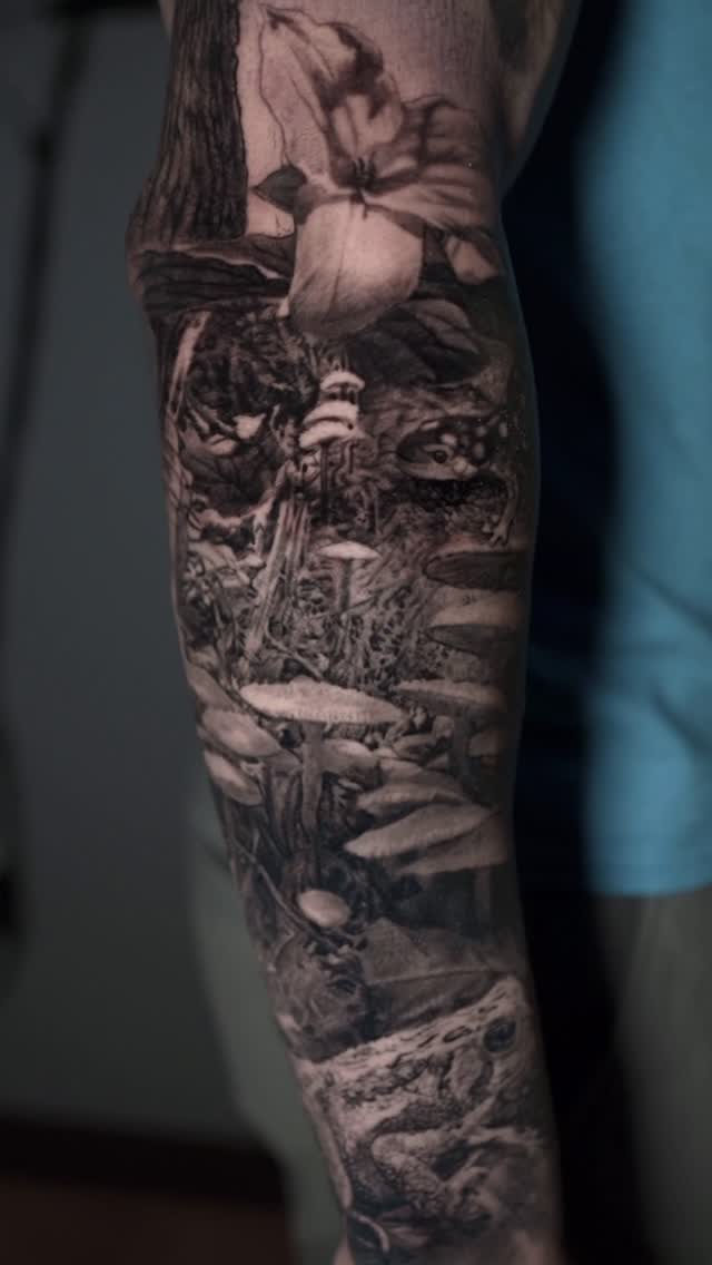 Black-and-grey nature sleeve with toad and mushrooms