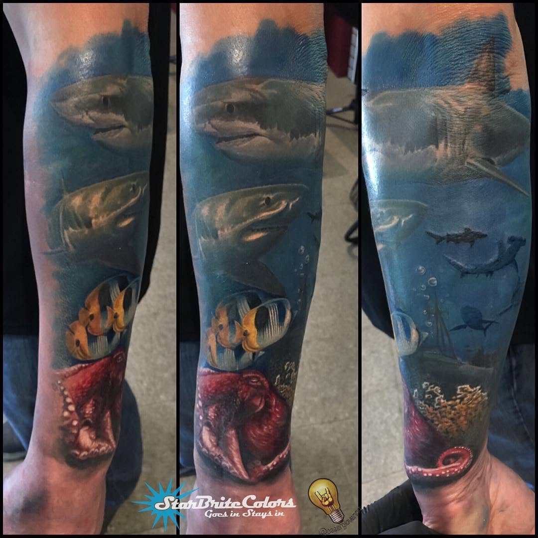 Underwater ocean sleeve with sharks and octopus