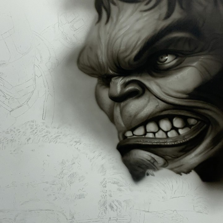 Black-and-grey Hulk portrait artwork in progress