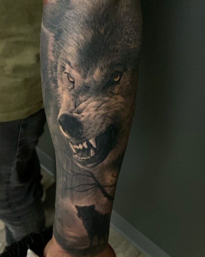 Black-and-grey snarling wolf tattoo, forearm