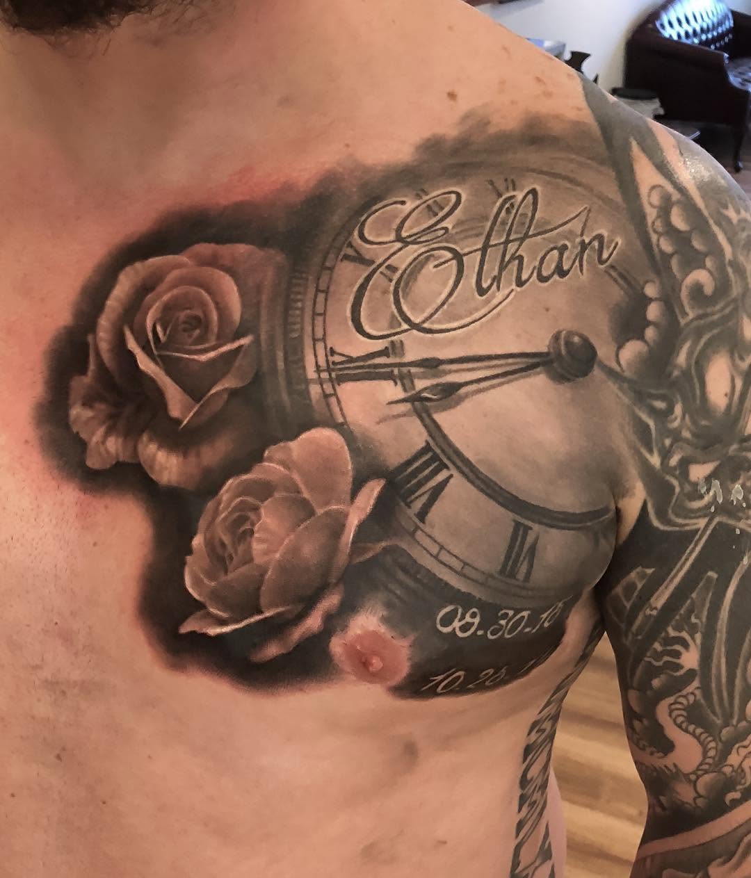 Black-and-grey roses and clock chest tattoo
