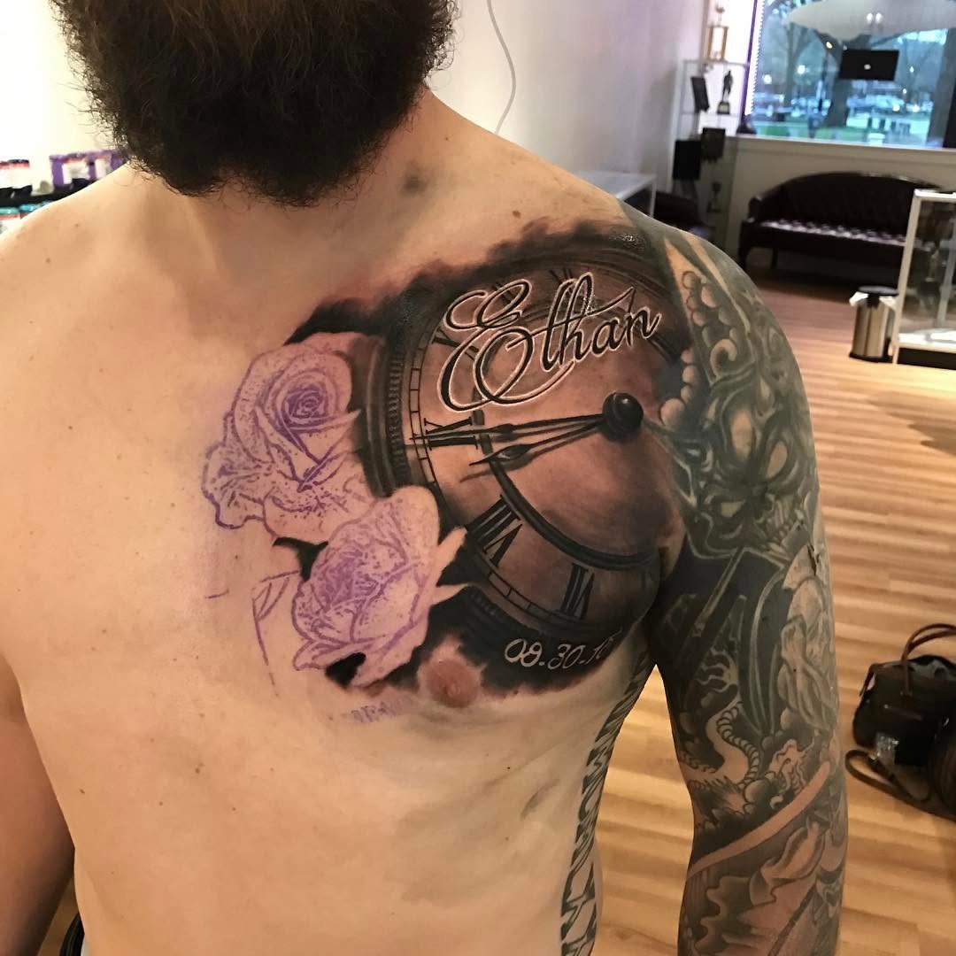 Pocket watch and roses chest tattoo in progress