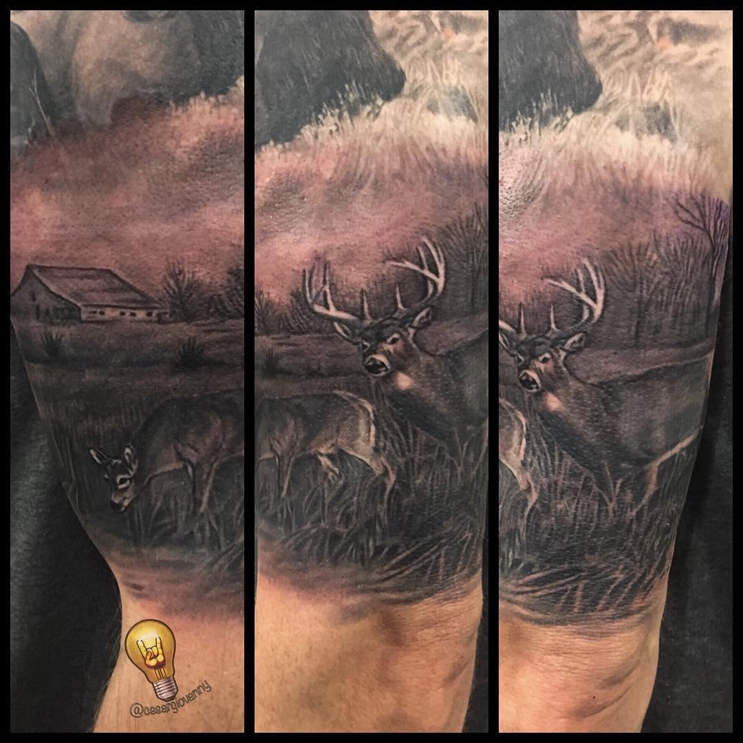 Black-and-grey deer and barn scene, arm