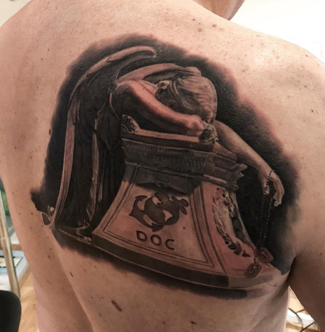 Weeping angel memorial tattoo, back