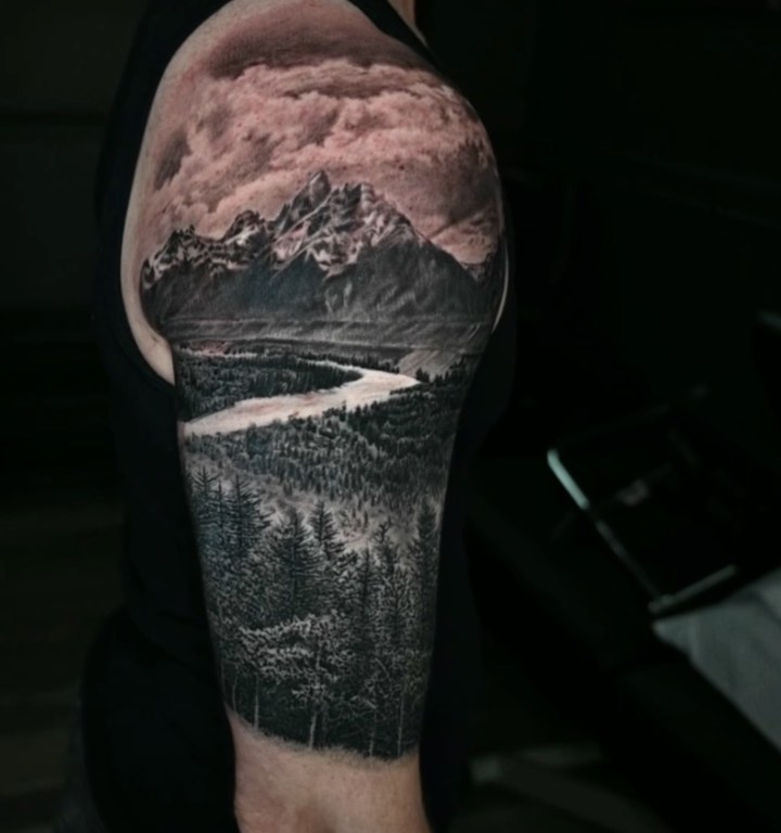 Black-and-grey mountain landscape half sleeve