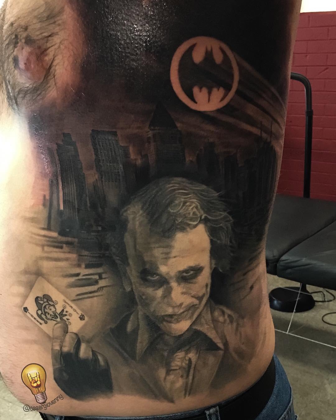 Joker portrait with Gotham skyline, ribs