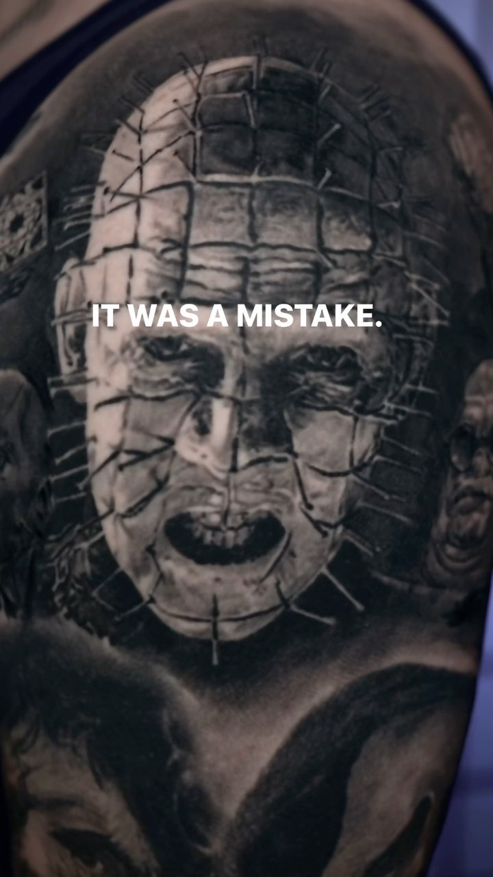Pinhead Hellraiser portrait tattoo, black-and-grey