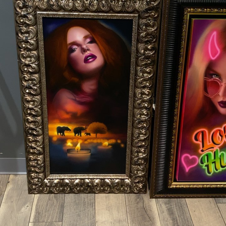 Framed airbrush paintings for tattoo studio