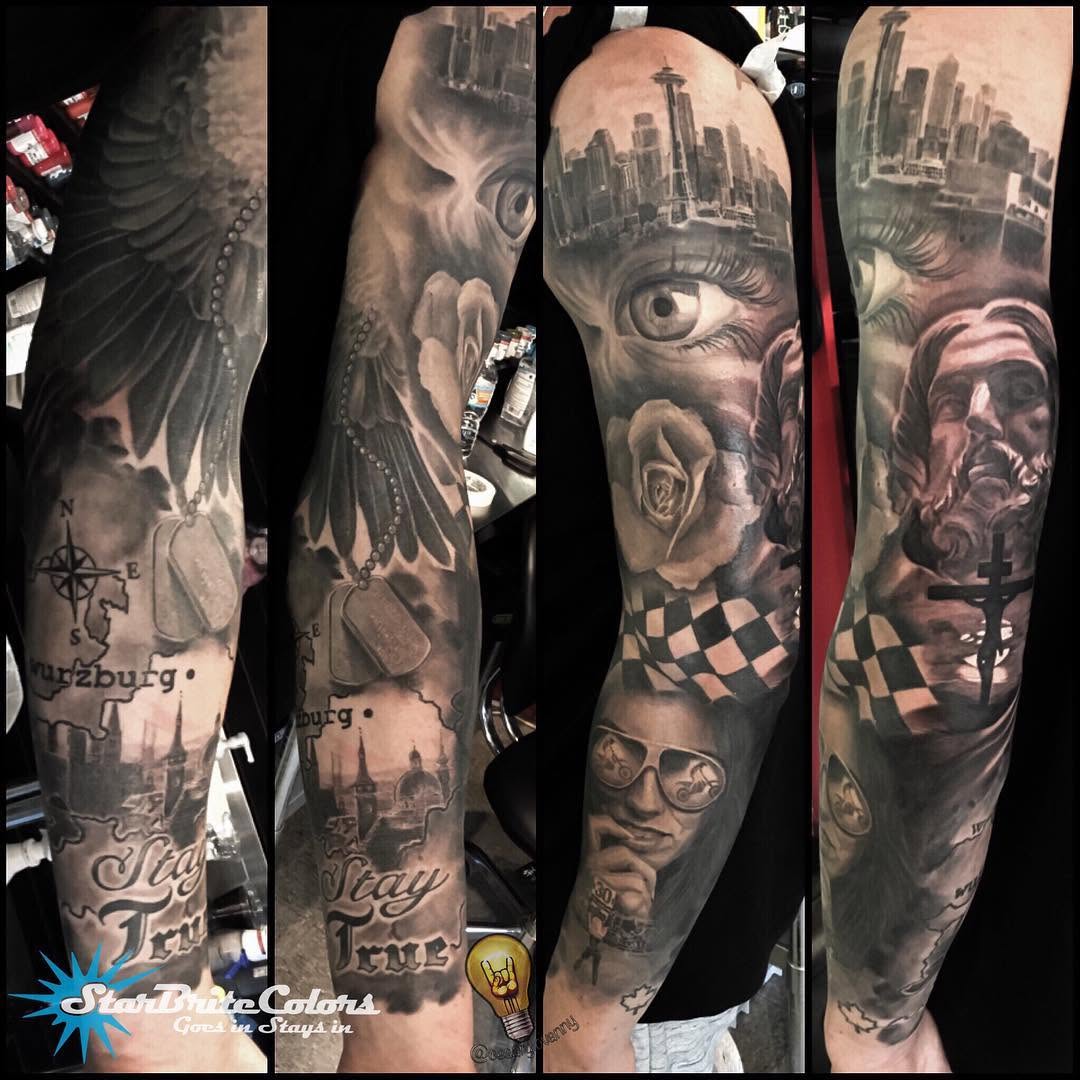 Black-and-grey realism full sleeve, Seattle & Stay True