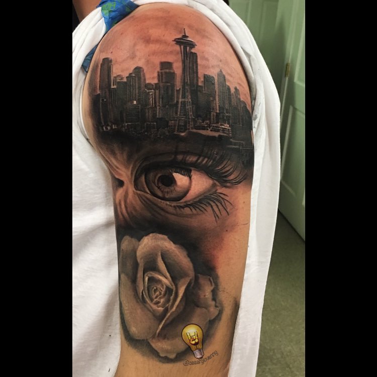 Seattle skyline, eye and rose realism sleeve