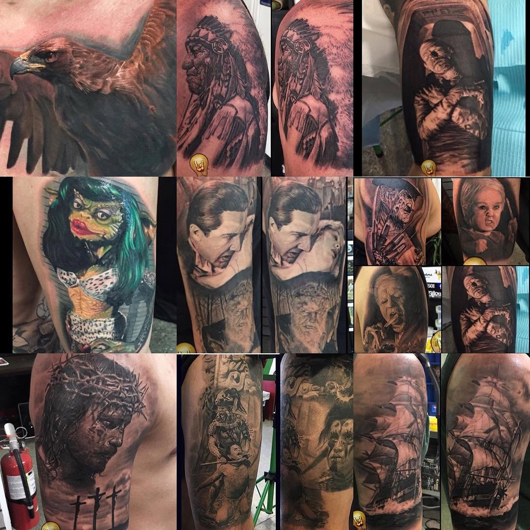 Realism tattoo portfolio collage, black-and-grey