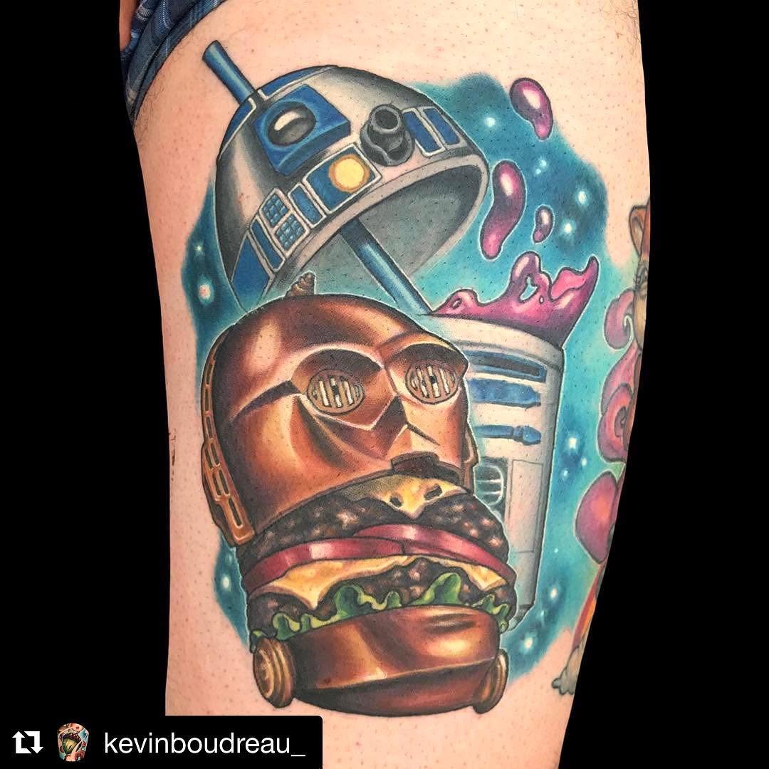 Star Wars burger tattoo in color, thigh