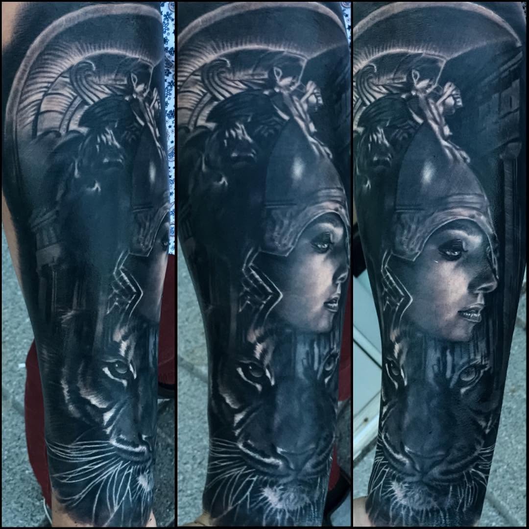 Athena warrior goddess and lion leg sleeve, black-and-grey