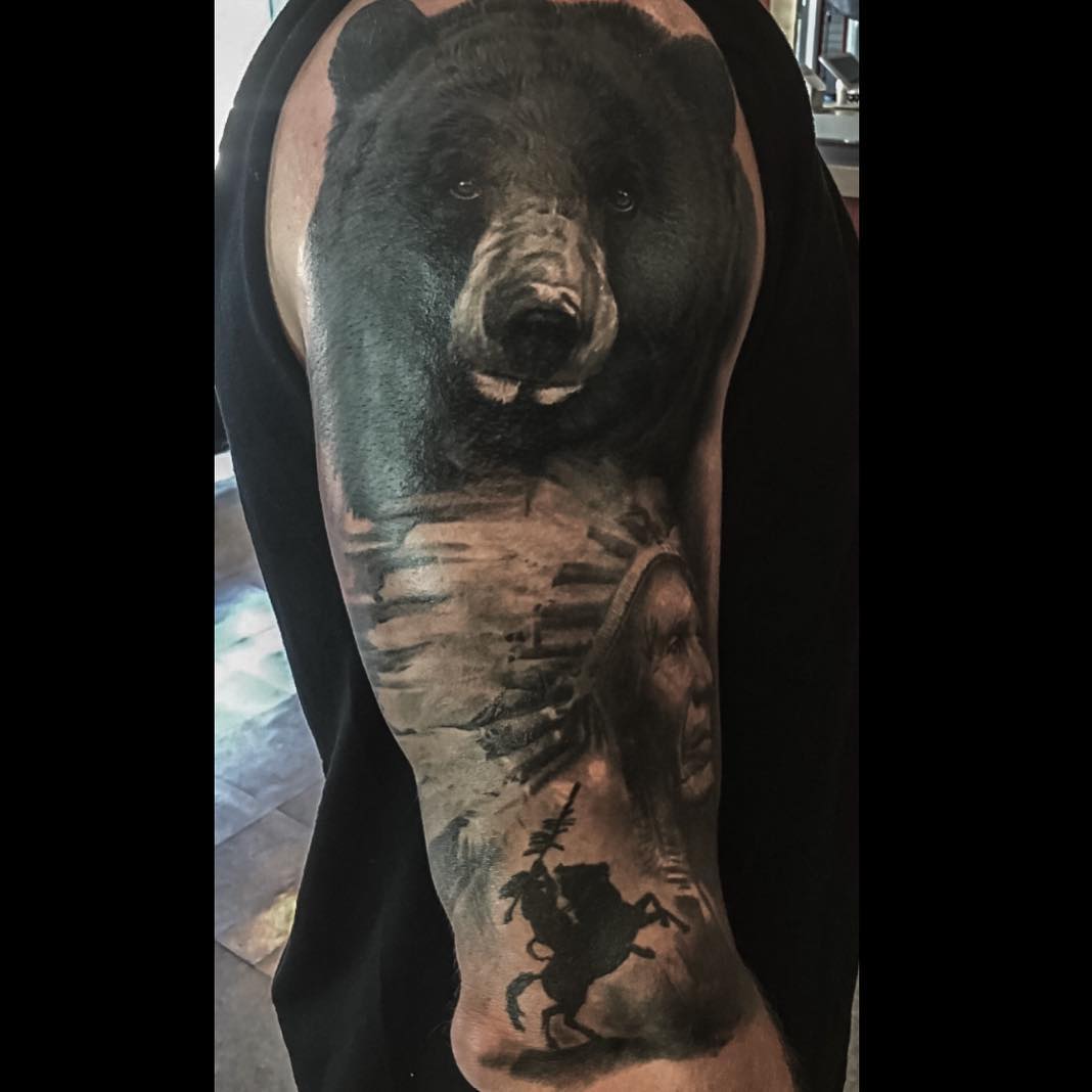 Black bear and Native American half-sleeve