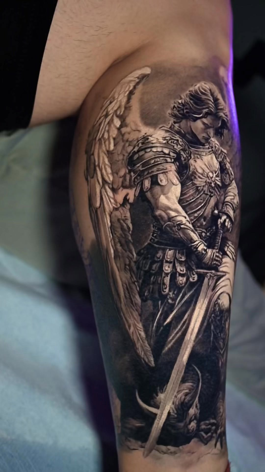 Saint Michael archangel realism tattoo, calf