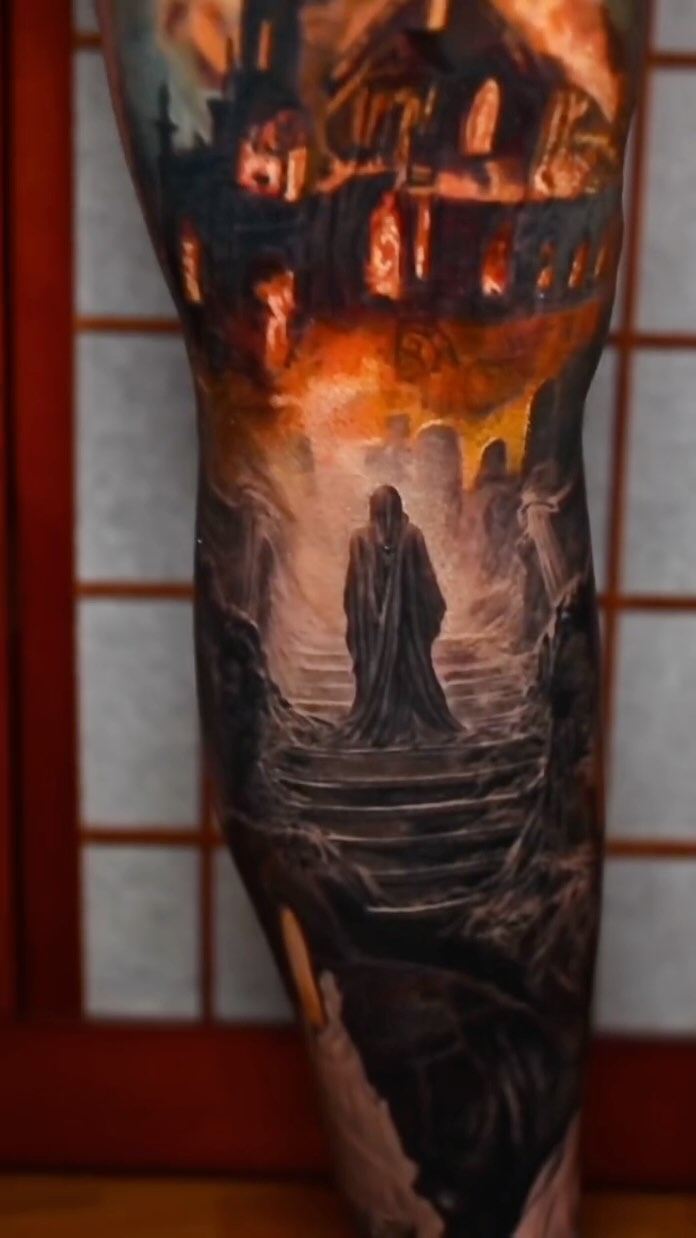 Dark fantasy soul's journey leg sleeve tattoo