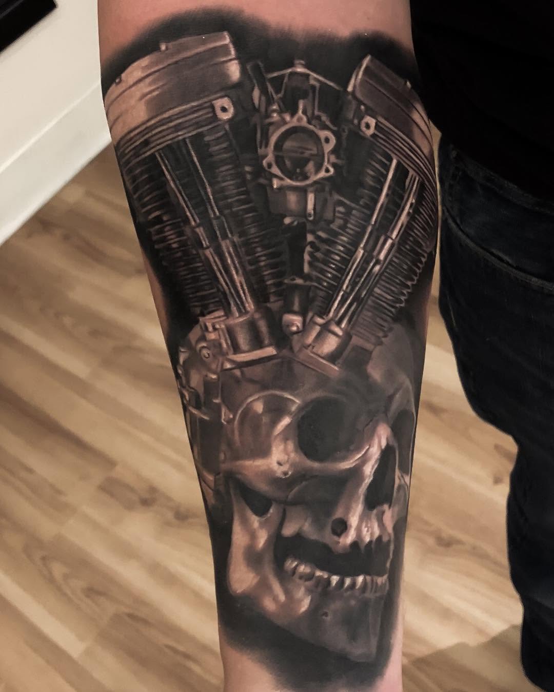 Black-and-grey skull and V-twin engine, forearm