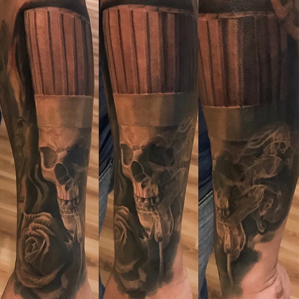 Black-and-grey skull and rose chef sleeve, forearm