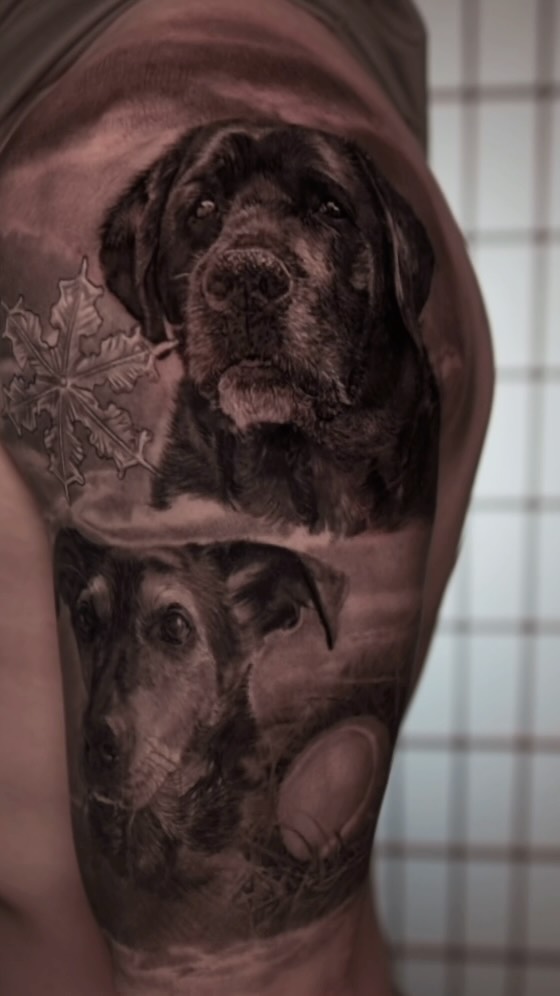 Black-and-grey dog portrait half sleeve