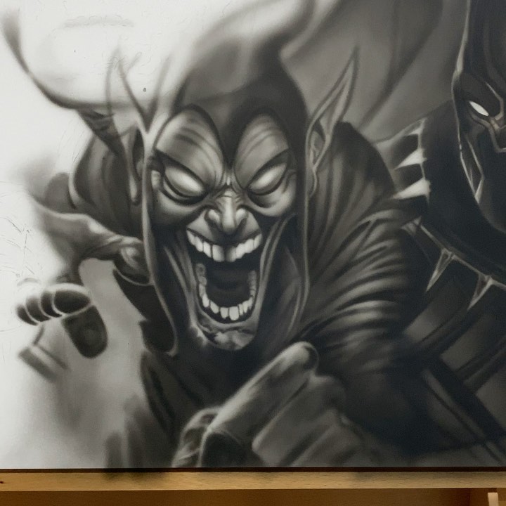 Green Goblin black-and-grey Marvel airbrush art