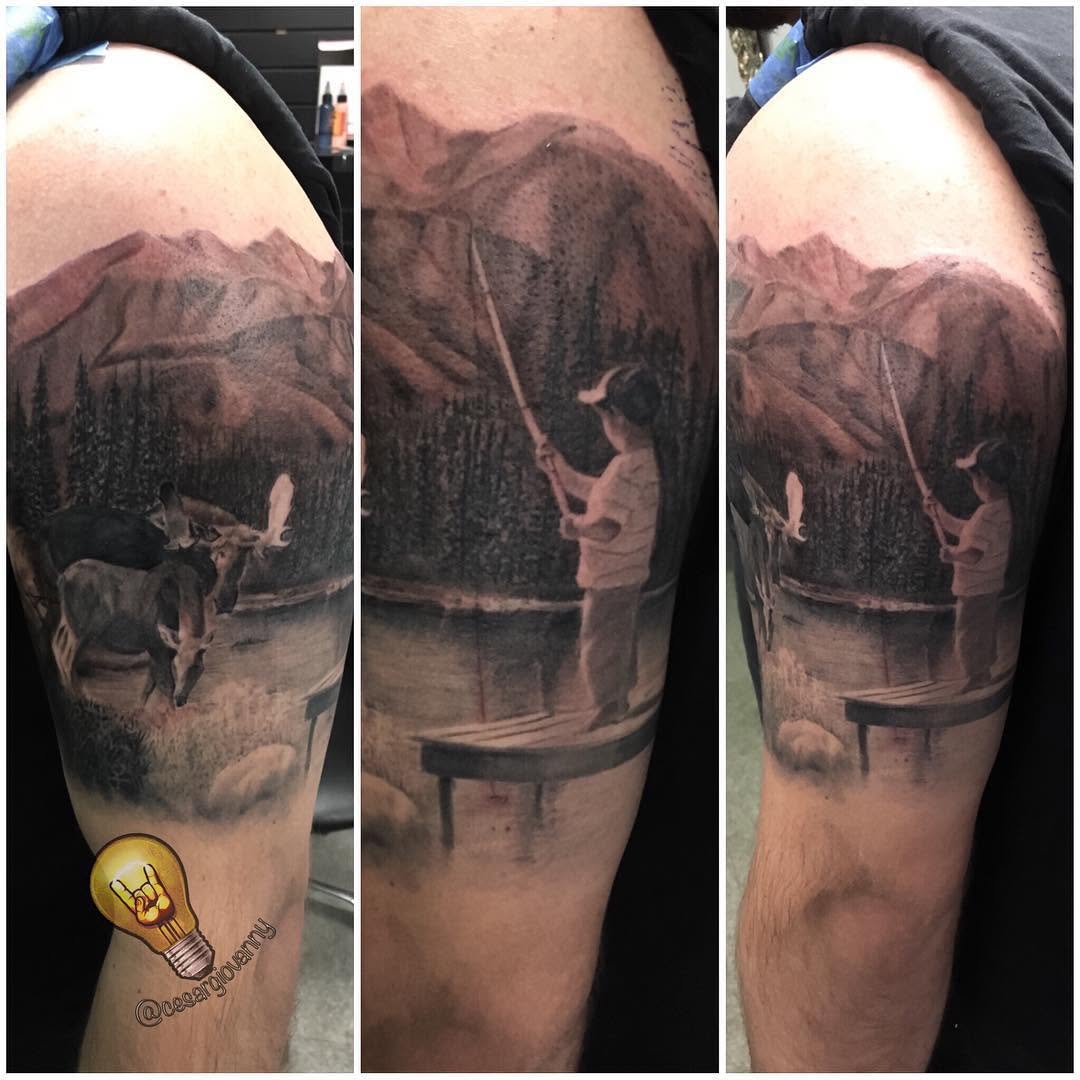 Black-and-grey mountain fishing scene sleeve