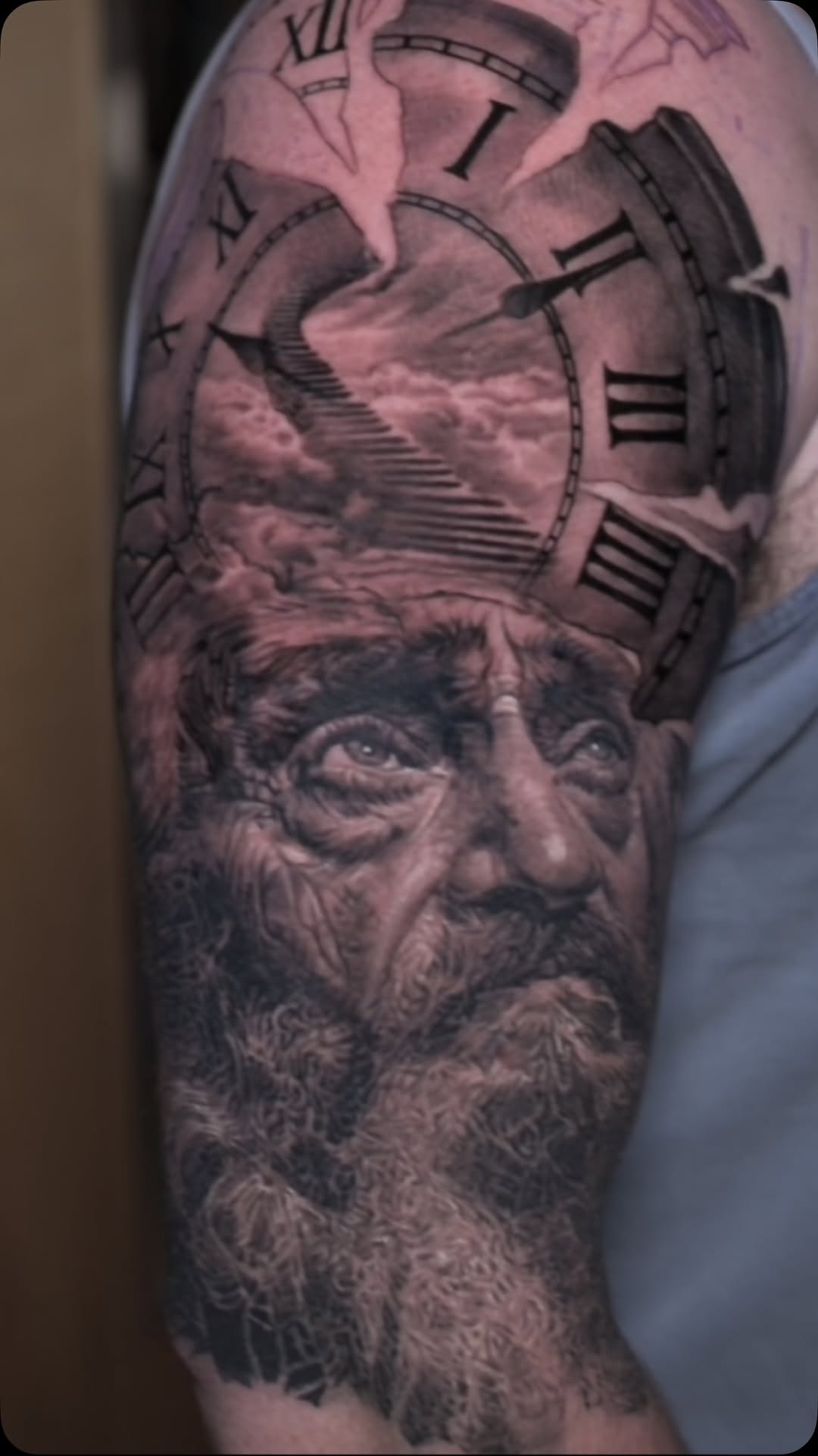 Father Time portrait half-sleeve, black-and-grey