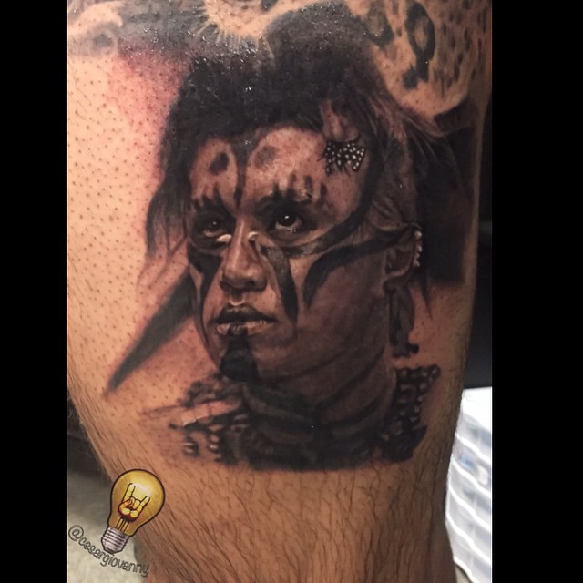 Black-and-grey Mayan warrior portrait, leg sleeve