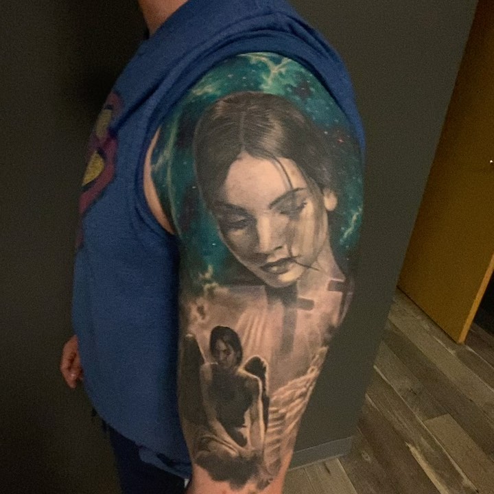 Portrait & angel half-sleeve with cosmic backdrop