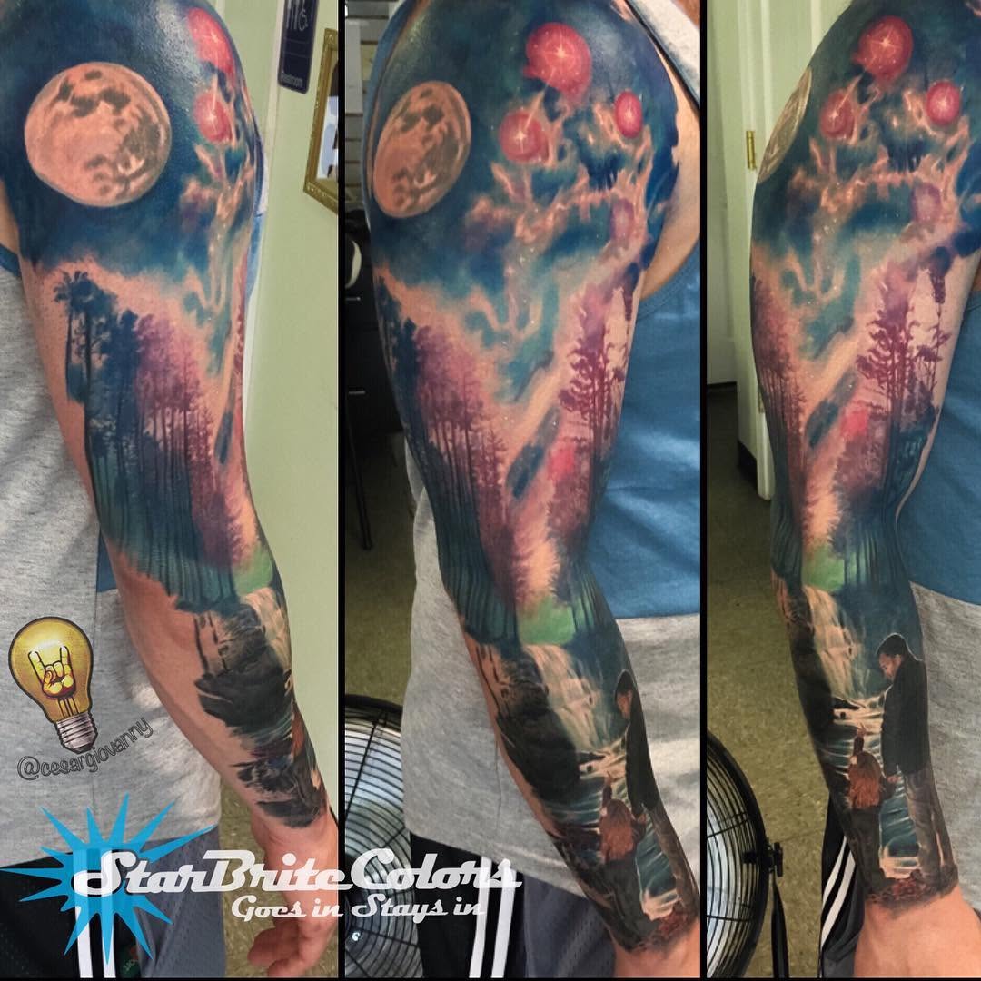 Color realism forest sleeve with moon, full arm