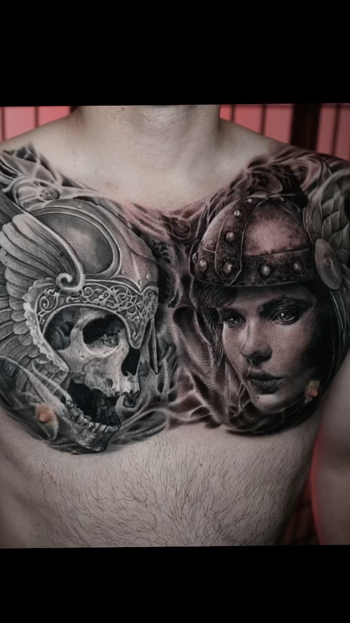 Viking skull and warrior chest piece, black-and-grey